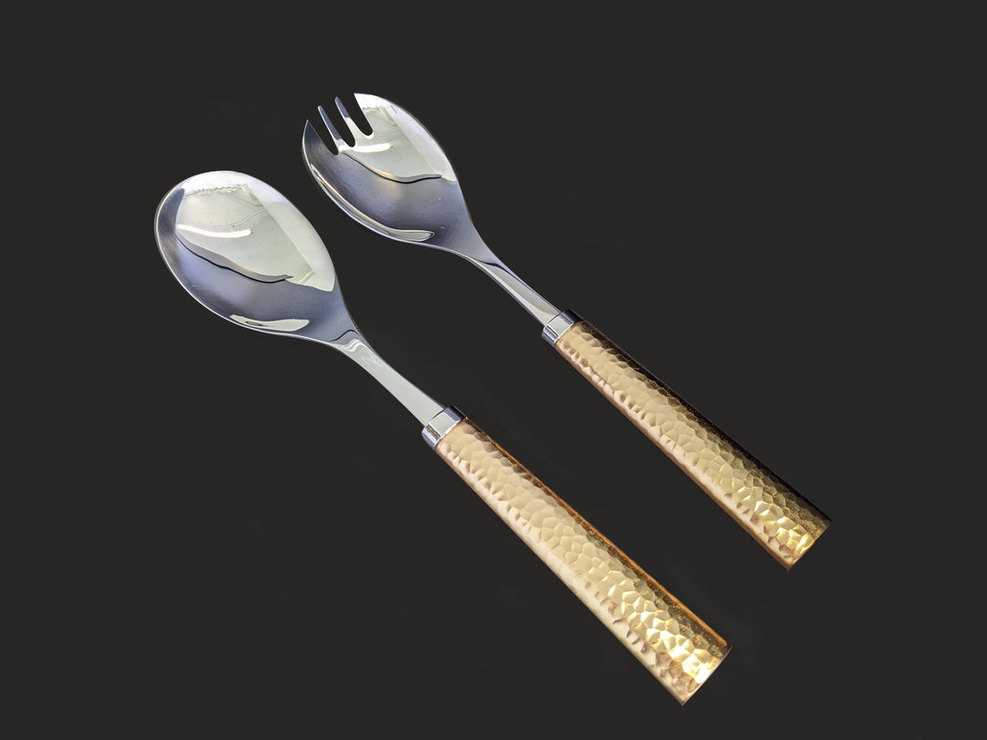 Hammered Stainless steel salad server in two tone hammered design GLD