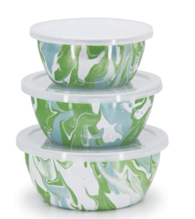 Enameled nesting bowls - set of 3 w/ lids - multiple colors