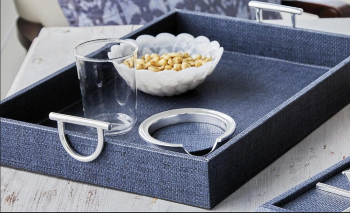 Faux Grass Cloth Tray with Metal Handles- 2 colors