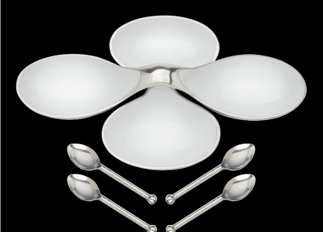 Helix Bowls with 4 Simple Spoons- White or SIlver