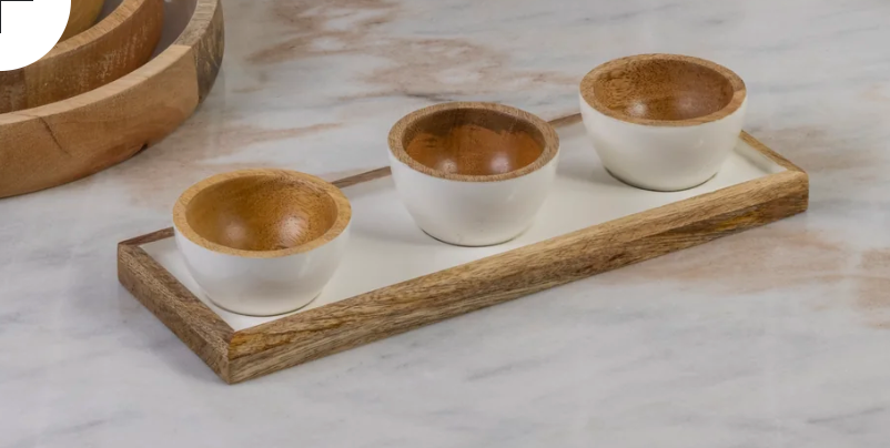 Mango wood 3 bowls on tray