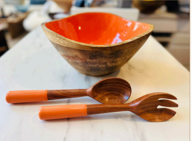 Mango Wood Colored Salad Bowl and Servers