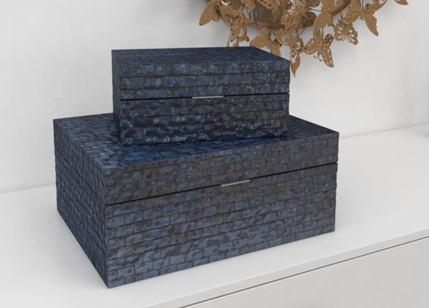 Dark Blue Mother of Pearl Mosaic Boxes, s/2