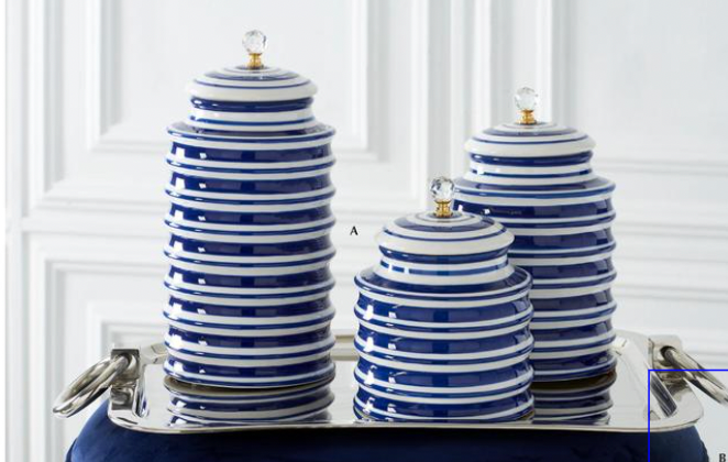 Sm Blue Striped Ribbed Canister w Crystal top