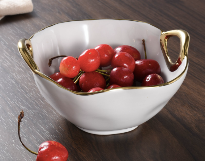 Round Porcelain Bowl W/ Gold Handles- 2 sizes