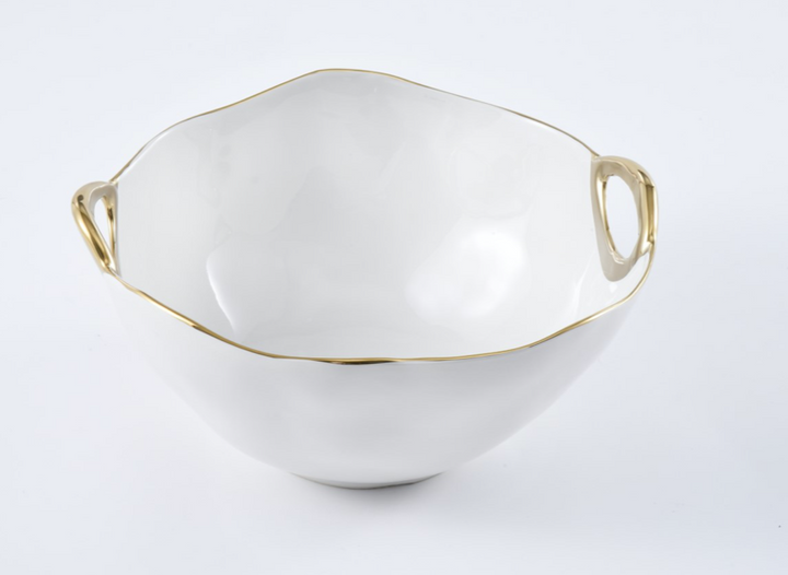 Round Porcelain Bowl W/ Gold Handles- 2 sizes