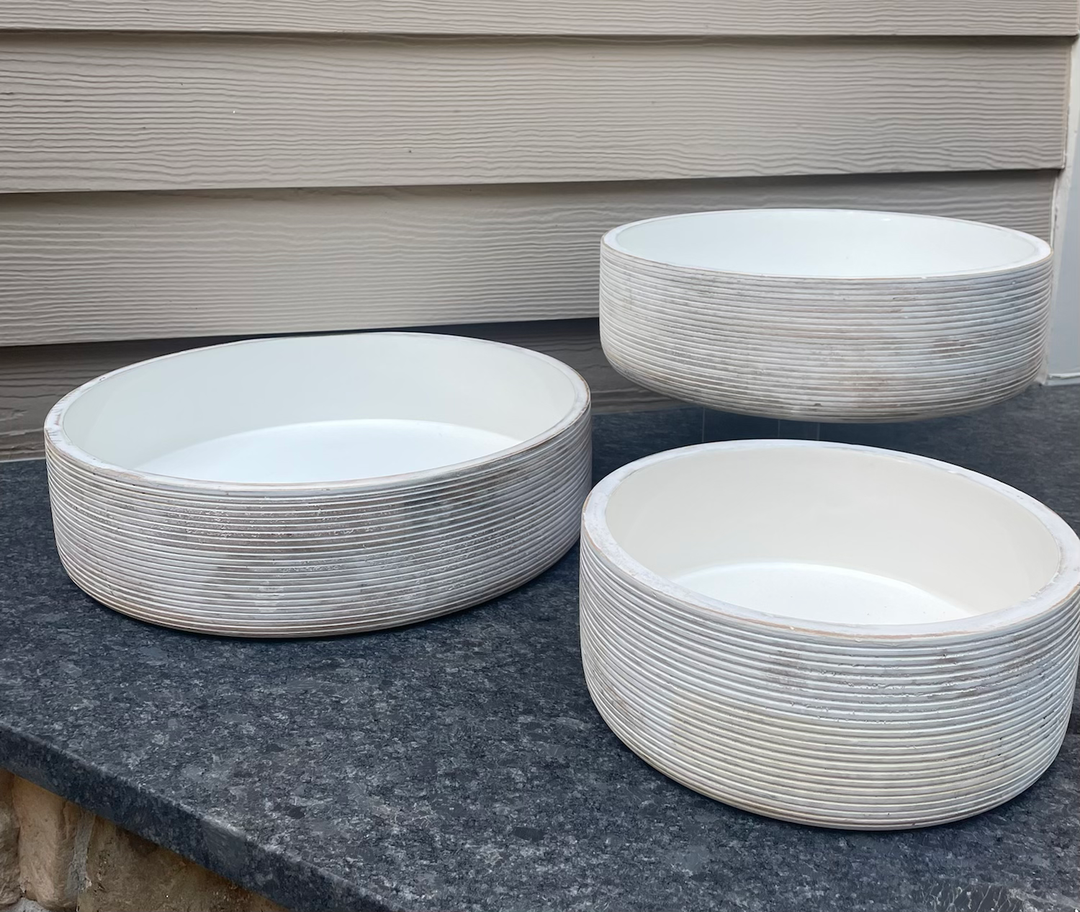 White Wash Mango Wood Ribbed Bowl