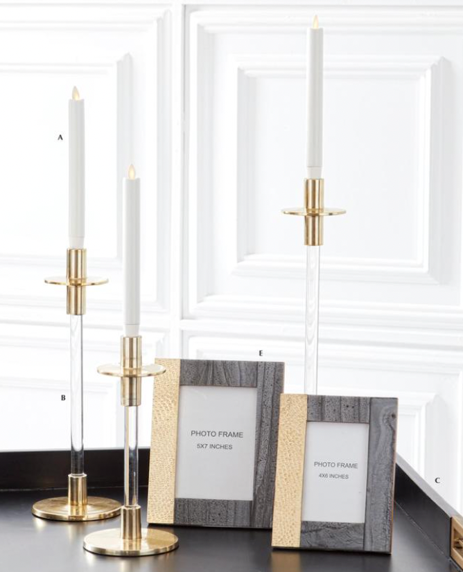 Acrylic and Gold Long Tapered Candlesticks.