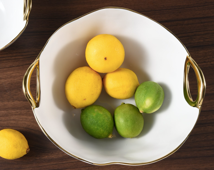 Round Porcelain Bowl W/ Gold Handles- 2 sizes